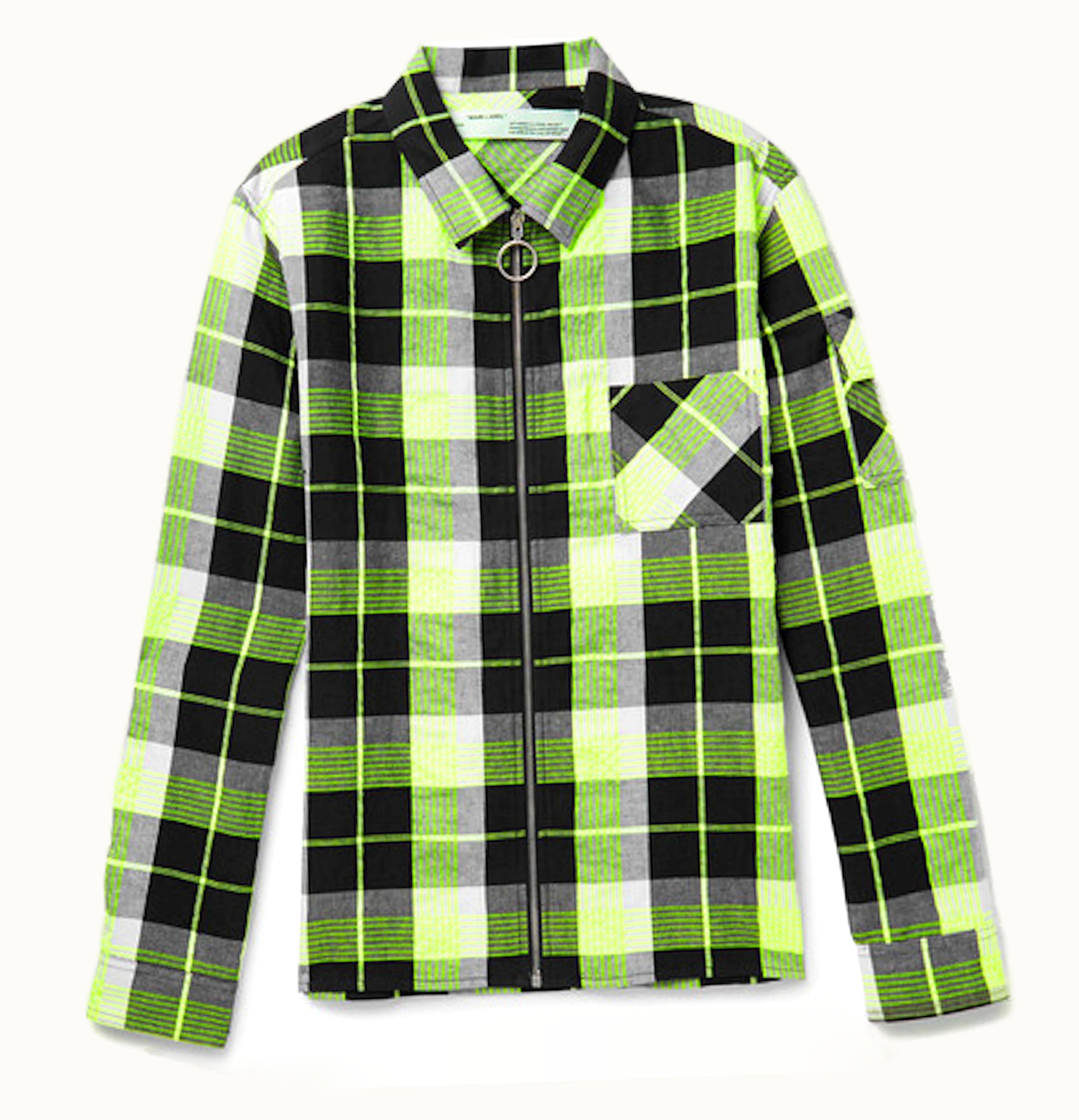 OFF-WHITE OFF WHITE Printed Checked Zip Up Shirt Jacket Black White Neon Yellow