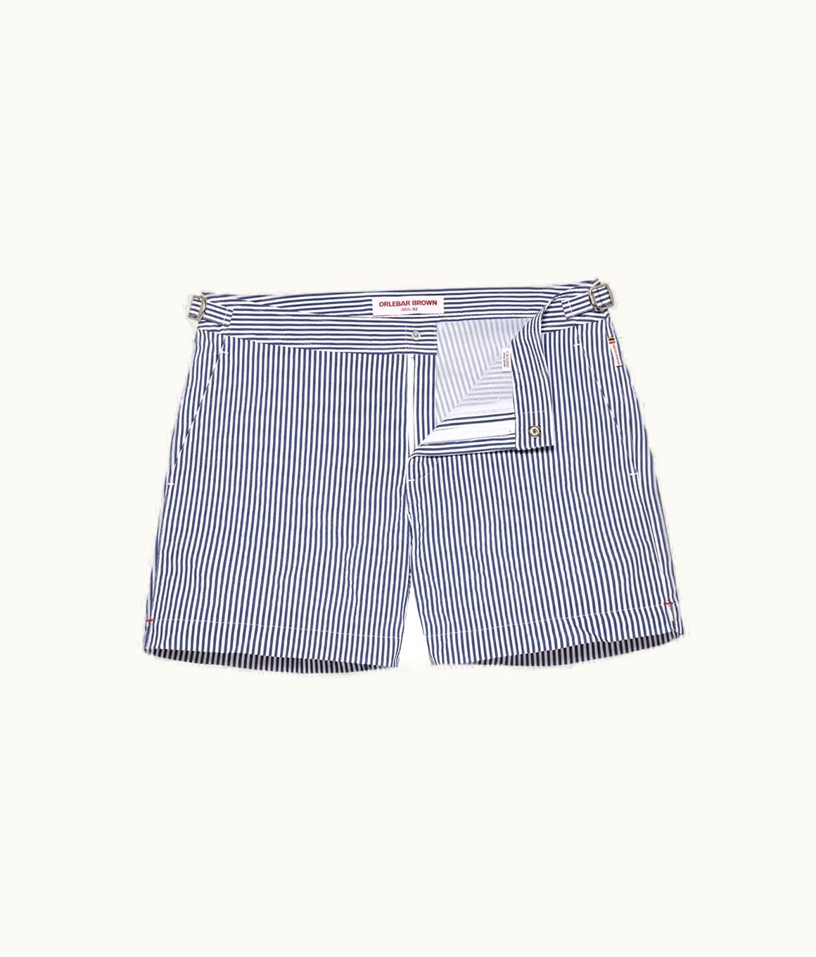 Orlebar Brown Orlebar Brown Blueberry / White Stripe Seersucker Shorter-Length Swim Shorts
