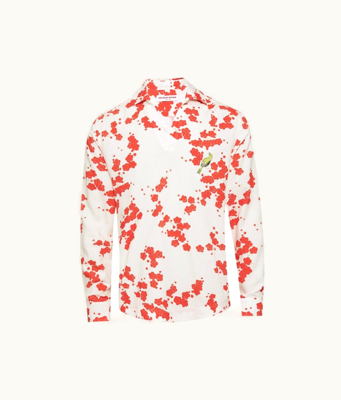 Orlebar Brown Orlebar Brown Red Plum Blossom Print Relaxed Fit Resort Placket Overhead Shirt