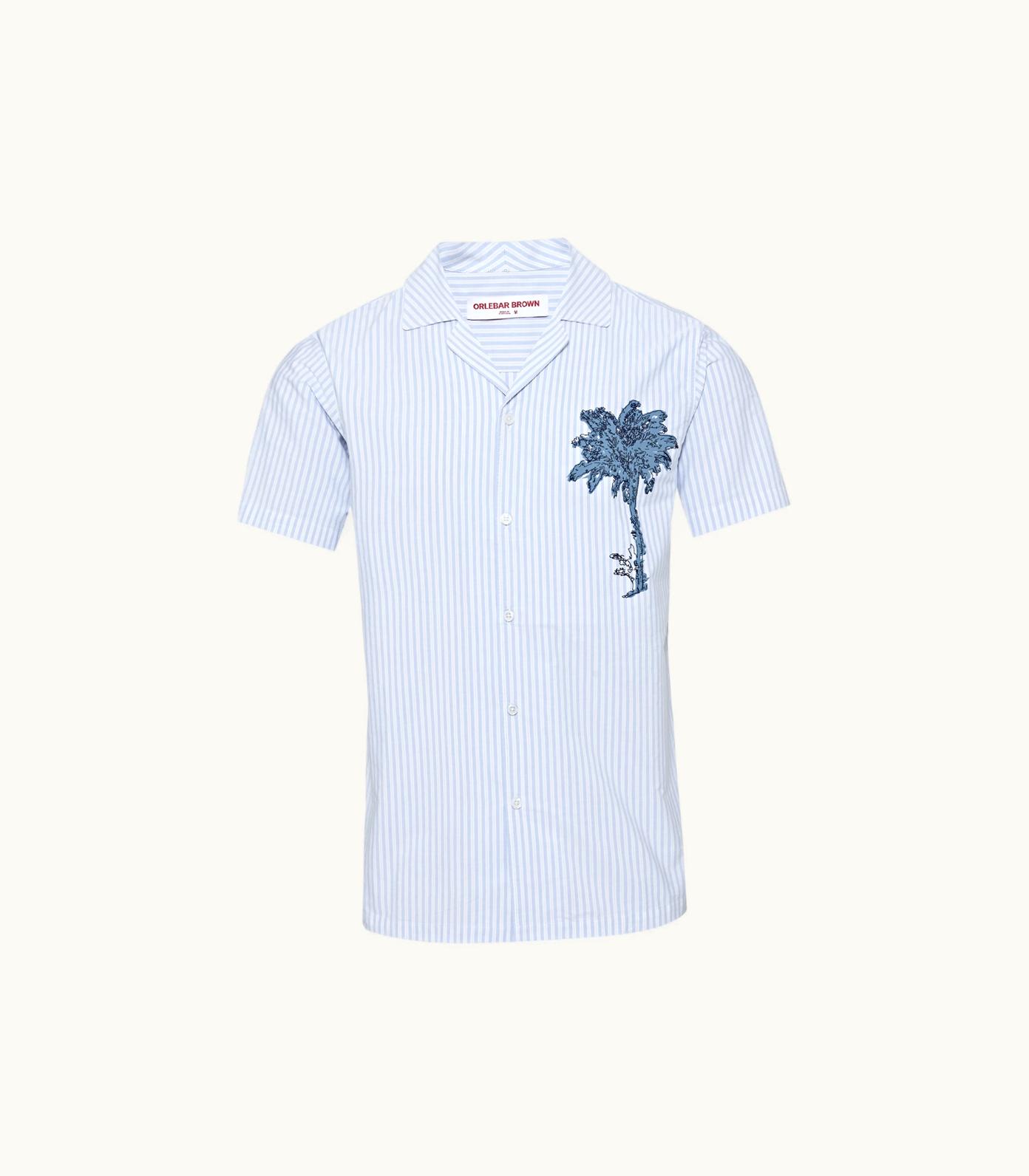 Orlebar Brown Orlebar Brown Light Island Sky / White Stripe Palm Embroidery Capri Collar Cotton Shirt