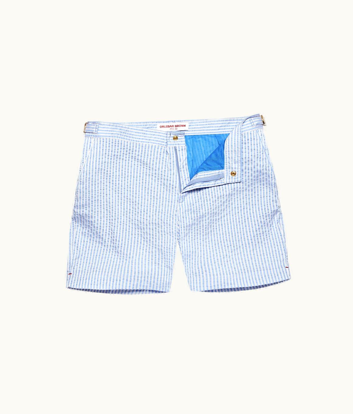 Orlebar Brown Orlebar Brown White / Light Island Sky Mid-Length Textured Stripe Swim Shorts White/Light Island Sky