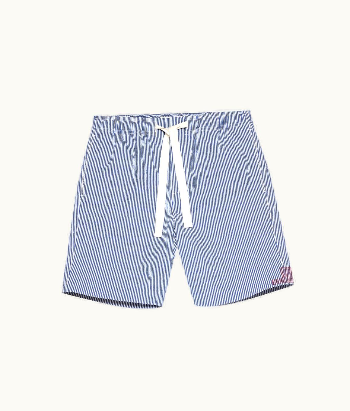 Orlebar Brown Orlebar Brown Blueberry / White Stripe Seersucker Relaxed Fit Drawcord Shorts Blueberry/White Stripe