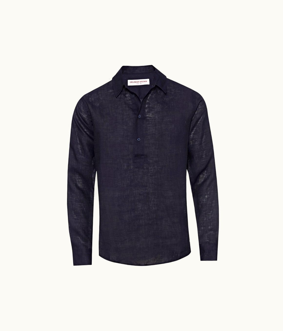 Orlebar Brown Mens Blue Overhead Linen Shirt Designer Shirts Orlebar Brown Dark Navy