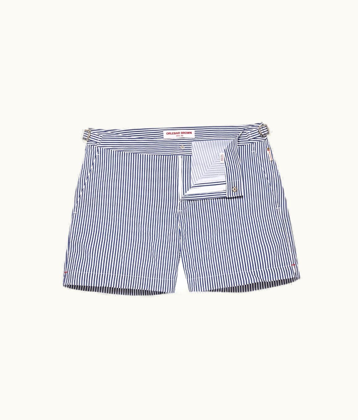 Orlebar Brown Orlebar Brown Blueberry / White Stripe Seersucker Shorter-Length Swim Shorts Blueberry/White Stripe