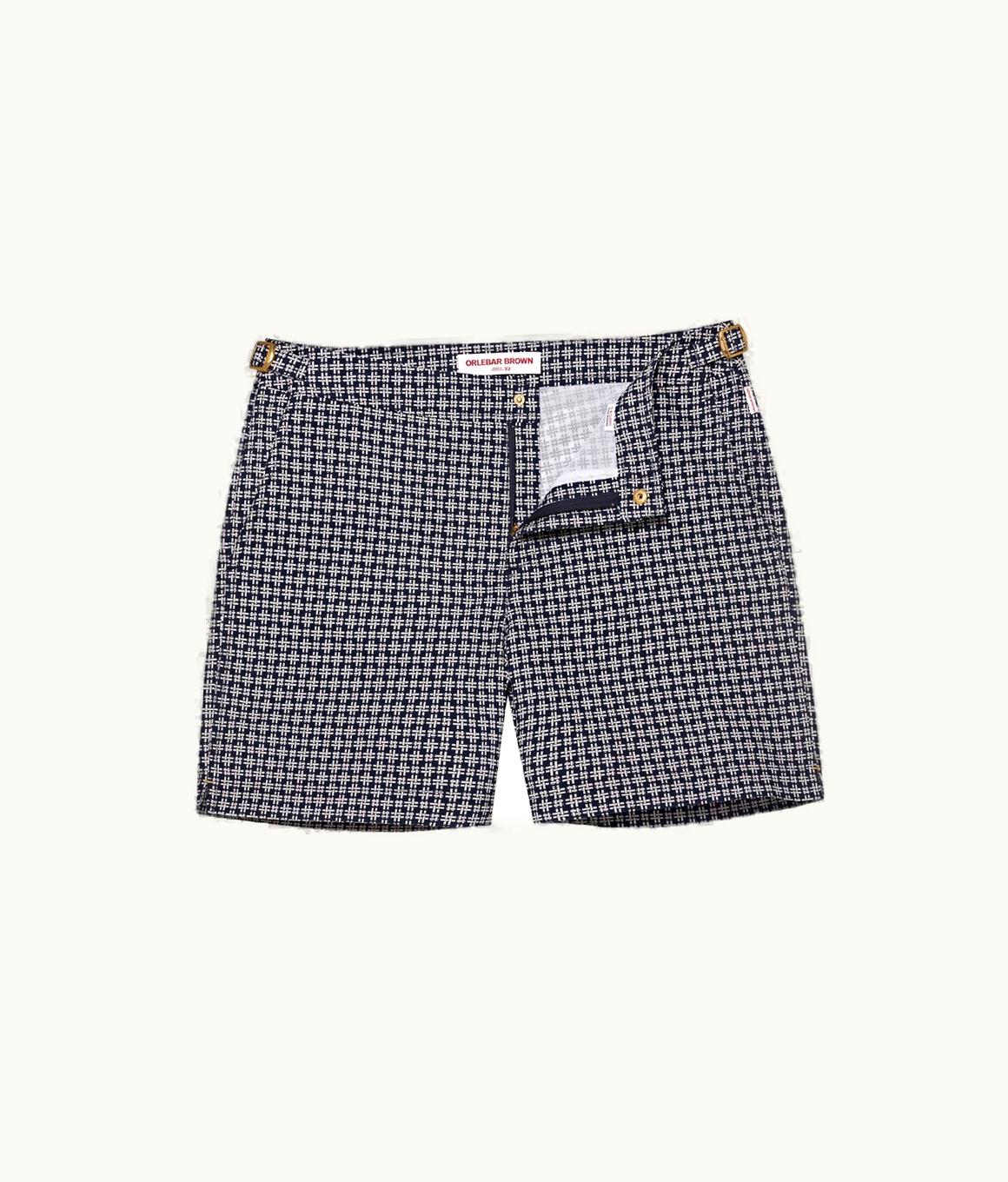 Orlebar Brown Orlebar Brown 007 Midnight Navy / White Sand Geometric Jacquard Mid-Length Swim Shorts Midnight Navy/White Sand