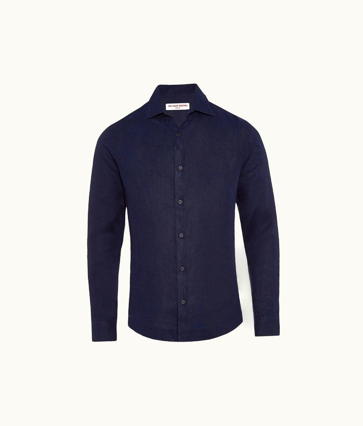 Orlebar Brown Navy Cutaway Collar Tailored Fit Linen Shirt Orlebar Brown 269328