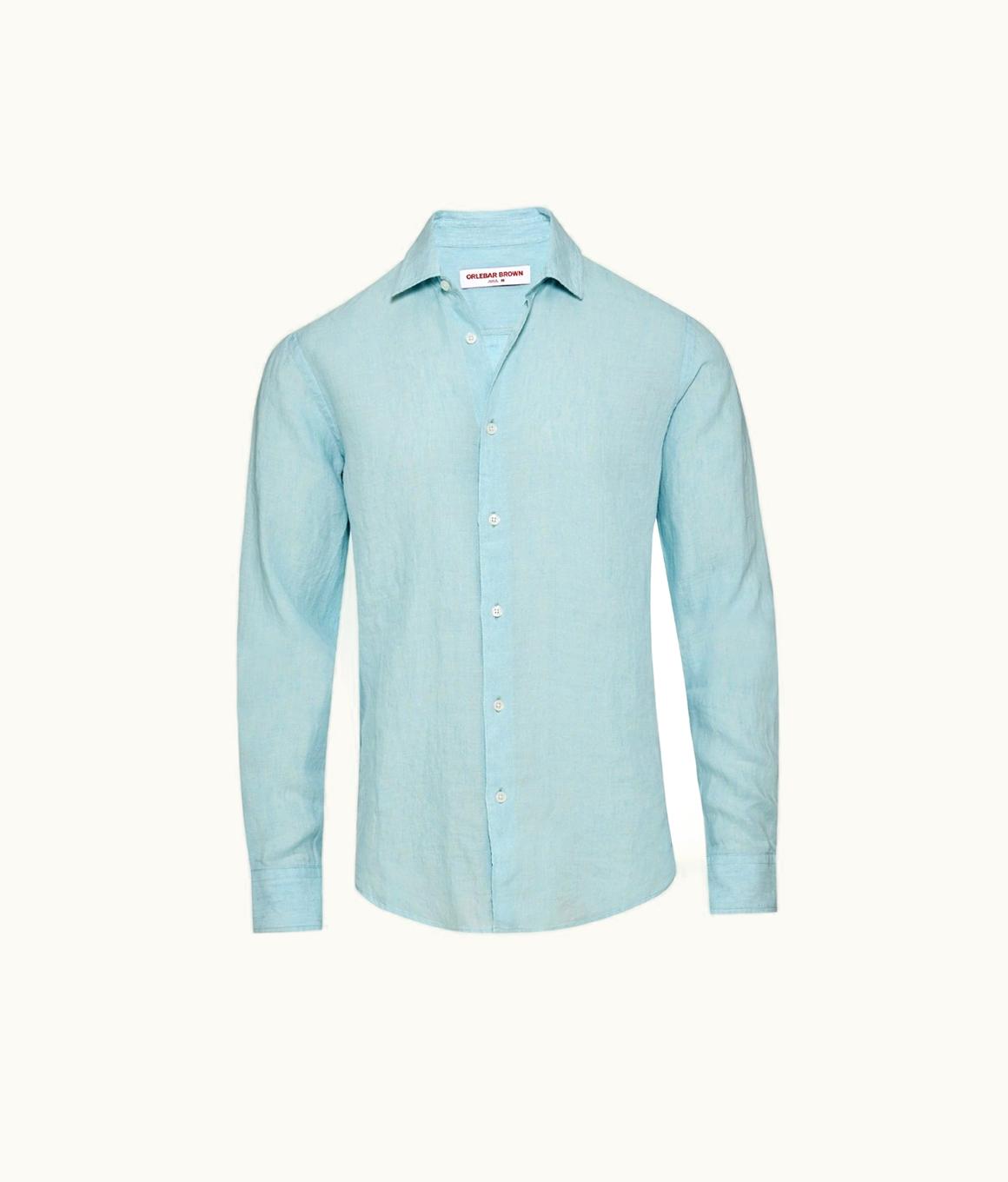 Orlebar Brown Orlebar Brown Light Sky Pool Tailored Fit Classic Collar Linen Shirt 279297