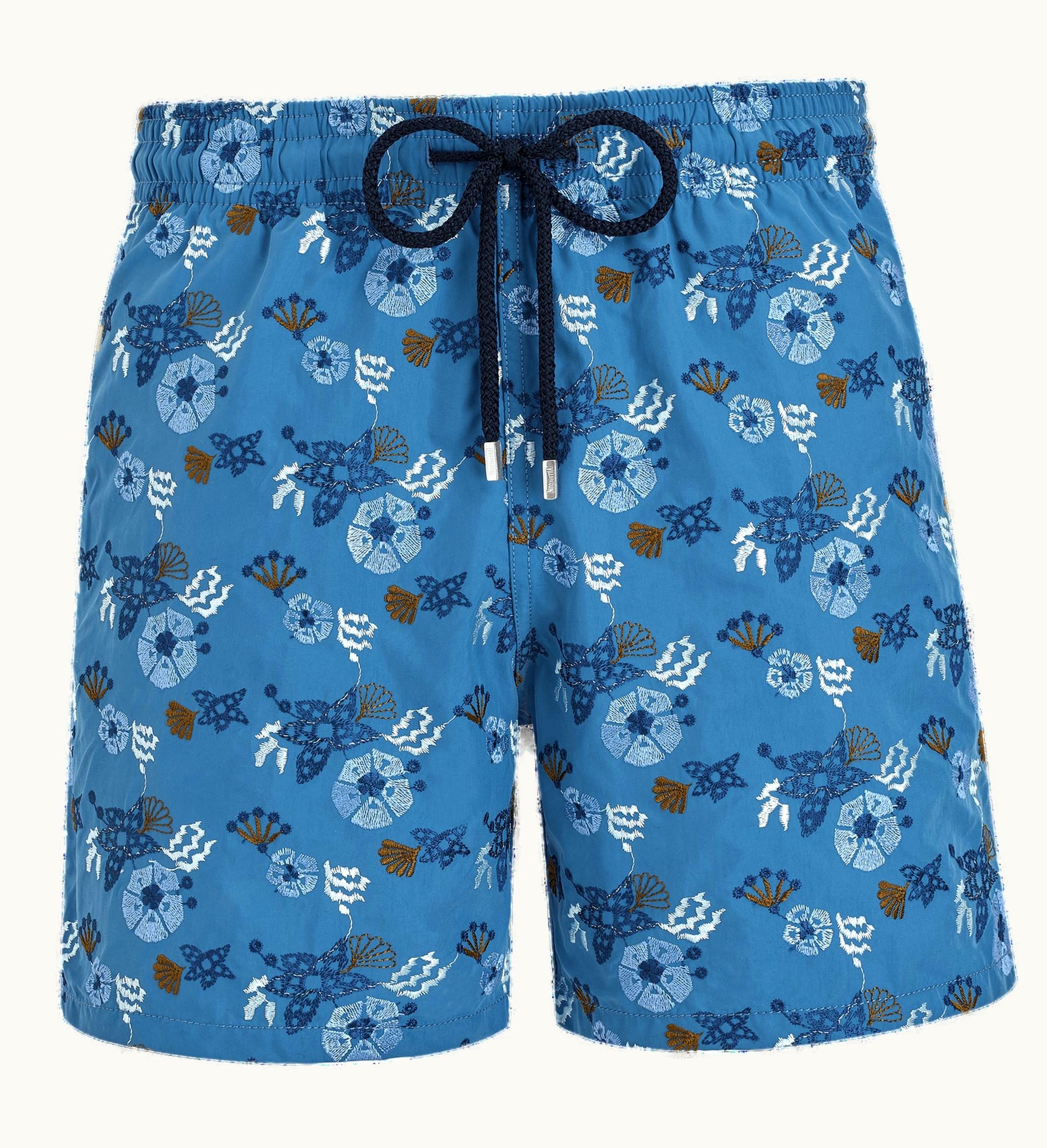 Vilebrequin Vilebrequin Men Swim Shorts Embroidered Flowers And Shells - Limited Edition Calanque / Blue