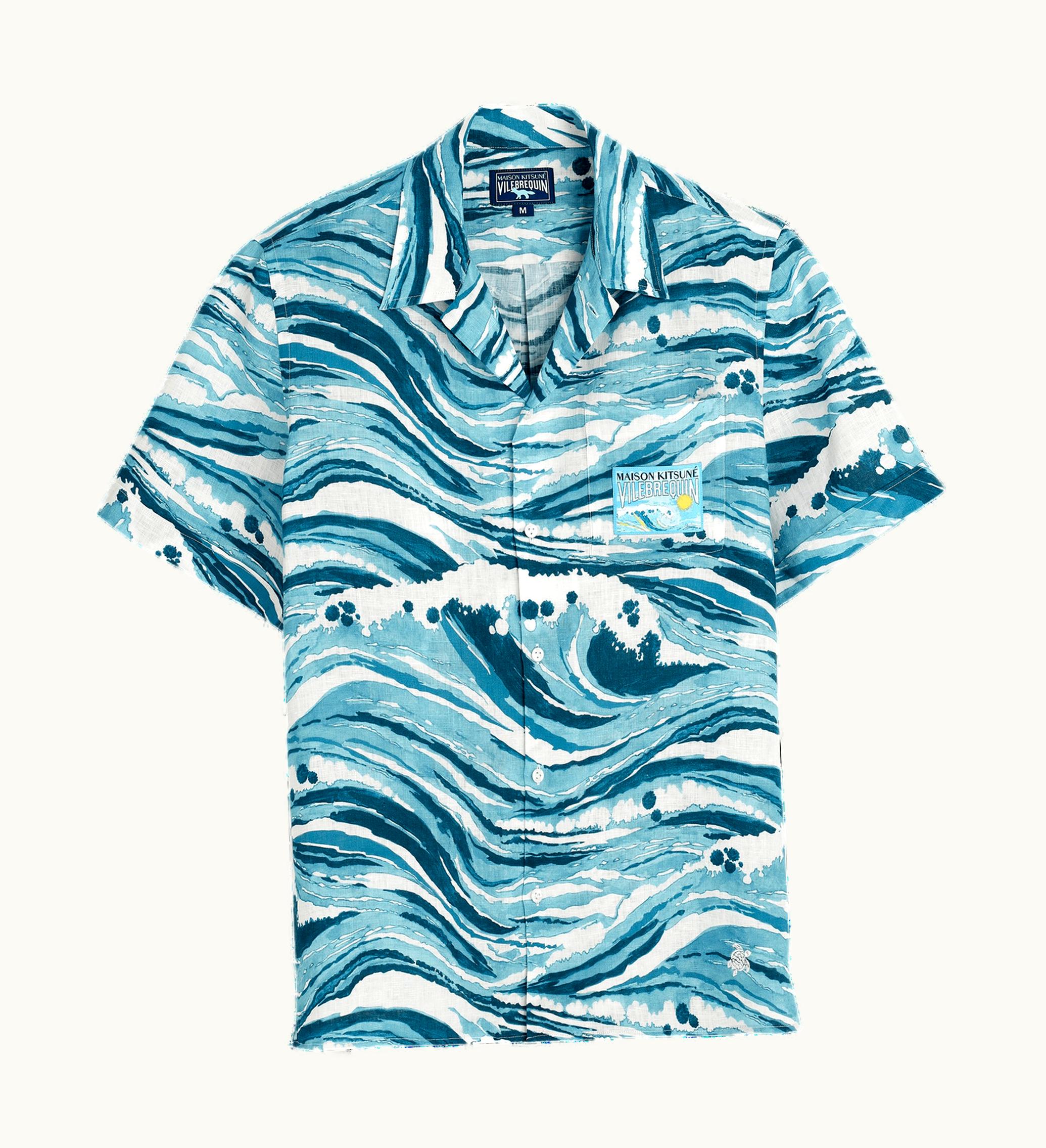 Vilebrequin Men Linen Bowling Shirt Wave - Vilebrequin X Maison Kitsuné