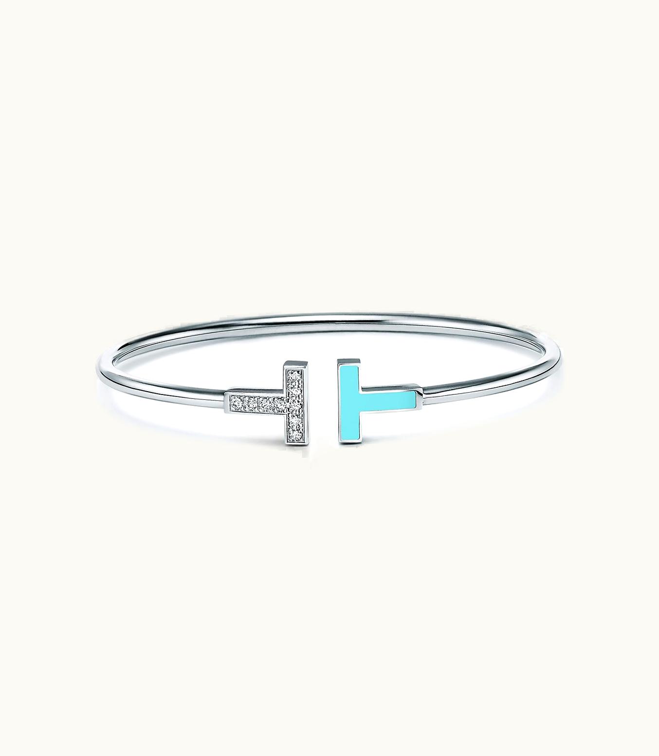 Tiffany & Co Tiffany T Diamond And Turquoise Wire Bracelet In 18K White Gold, Large