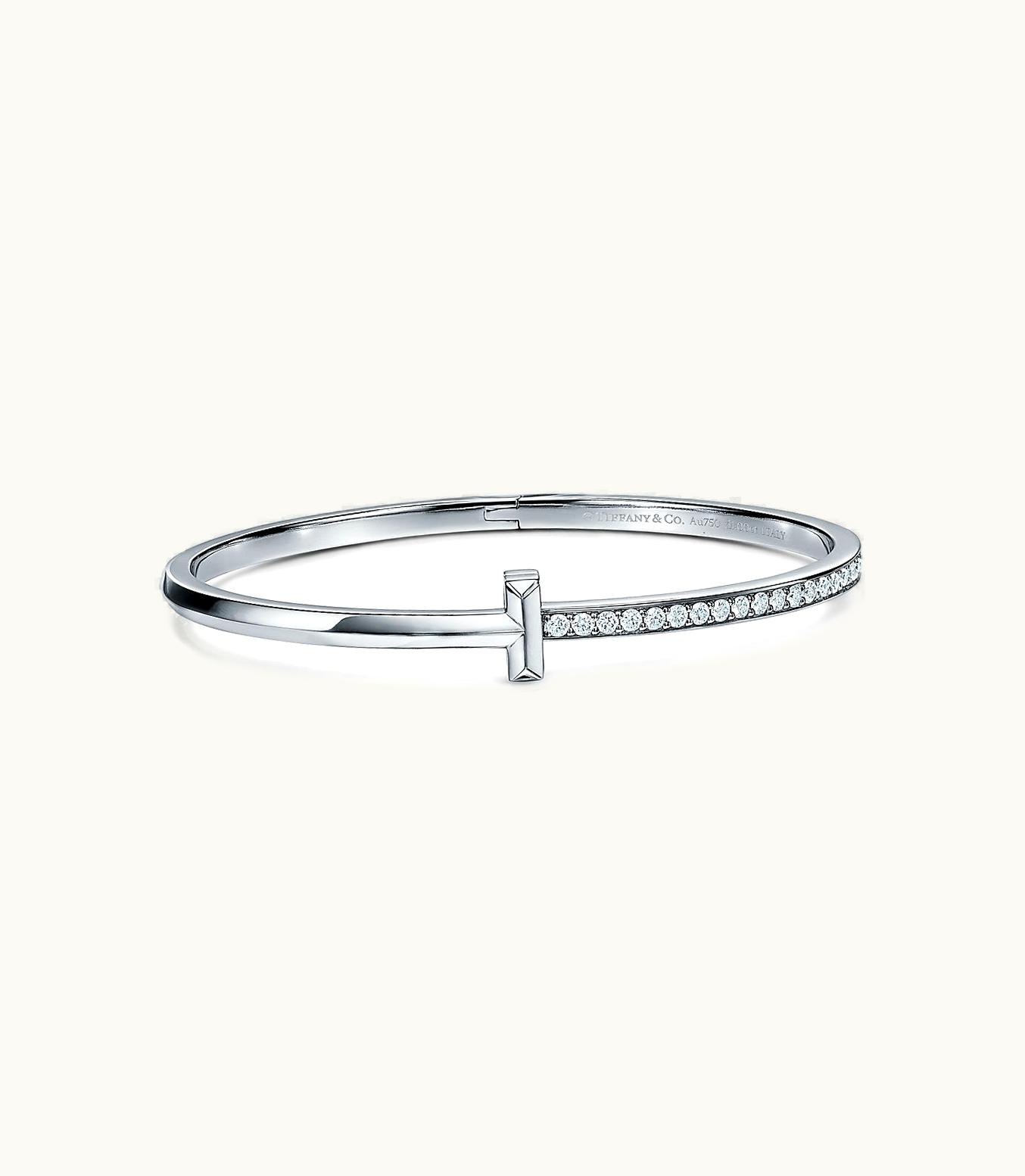 Tiffany & Co Tiffany T T1 Narrow Diamond Hinged Bangle In 18K White Gold, Medium