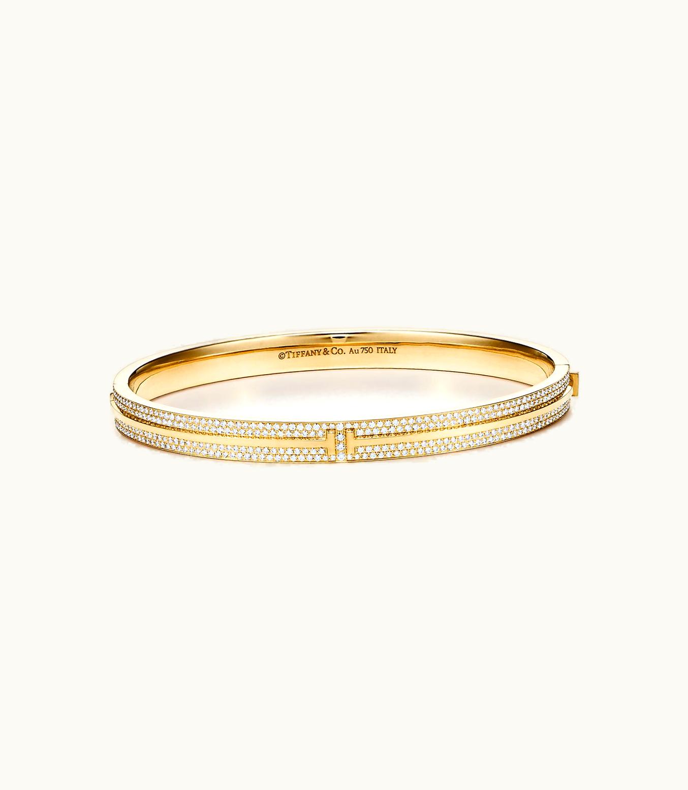 Tiffany & Co Tiffany T Pavé Diamond Hinged Bangle In 18K Gold, Large
