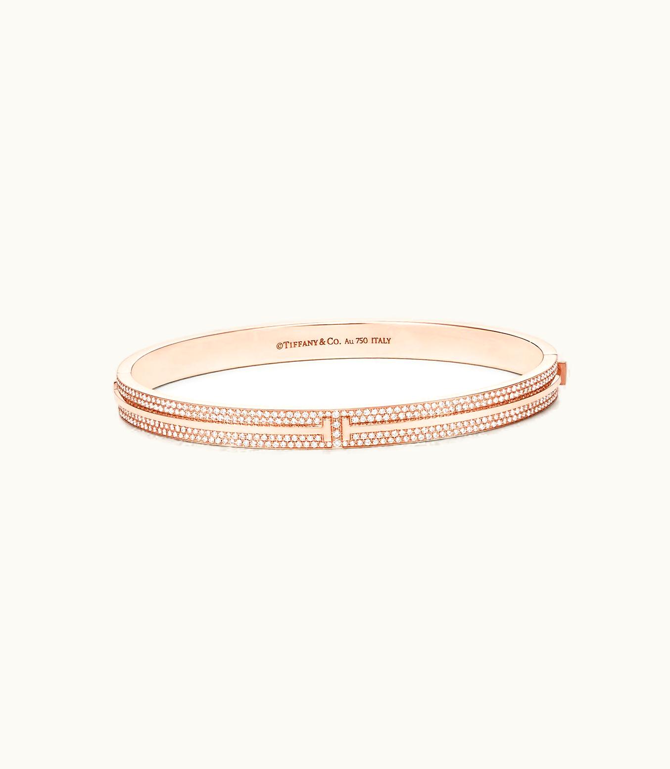 Tiffany & Co Tiffany T Pavé Diamond Hinged Bangle In 18K Rose Gold, Medium