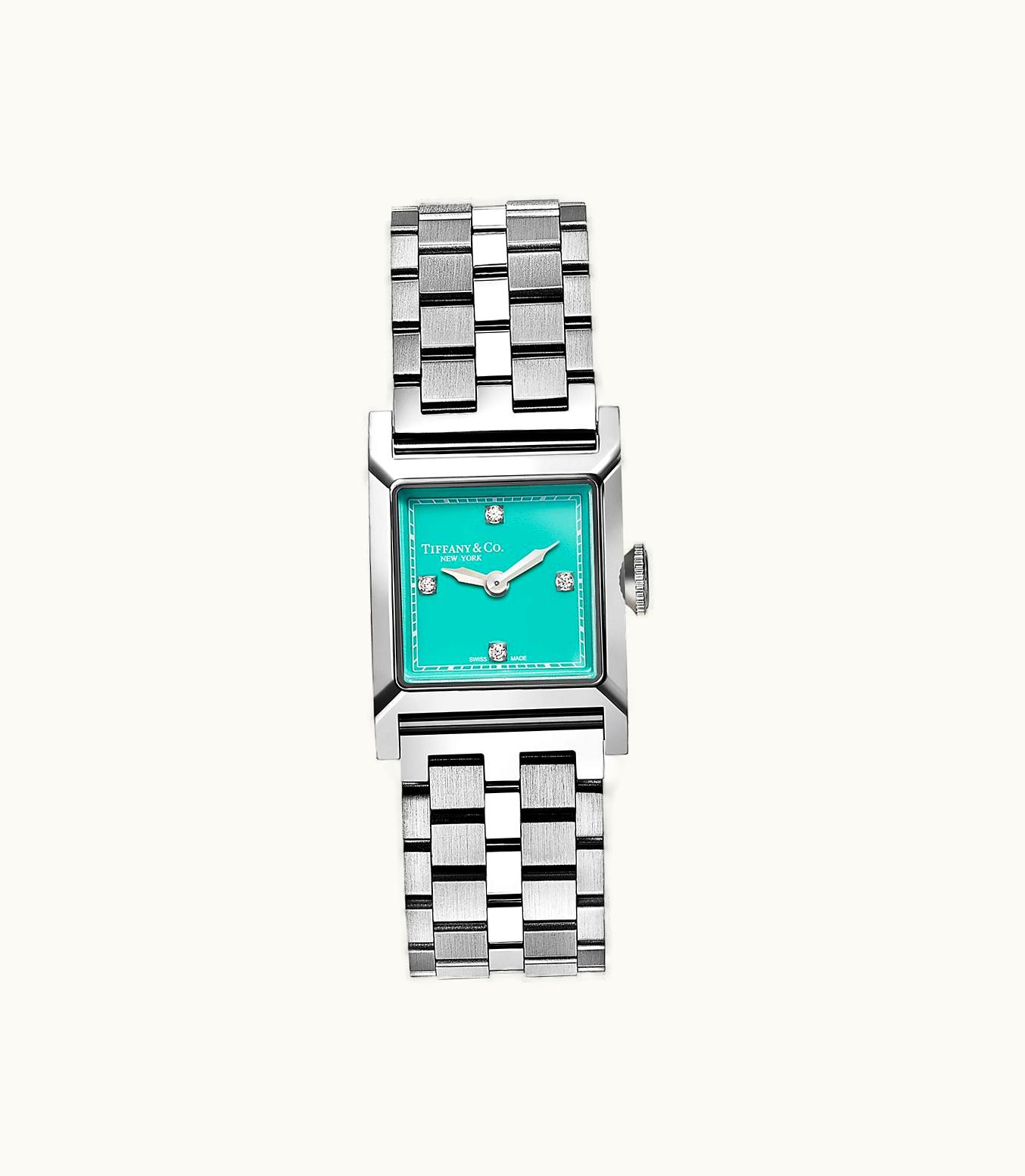Tiffany & Co Union Square 20 Mm Watch In Steel With Diamonds & A Tiffany Blue® Dial