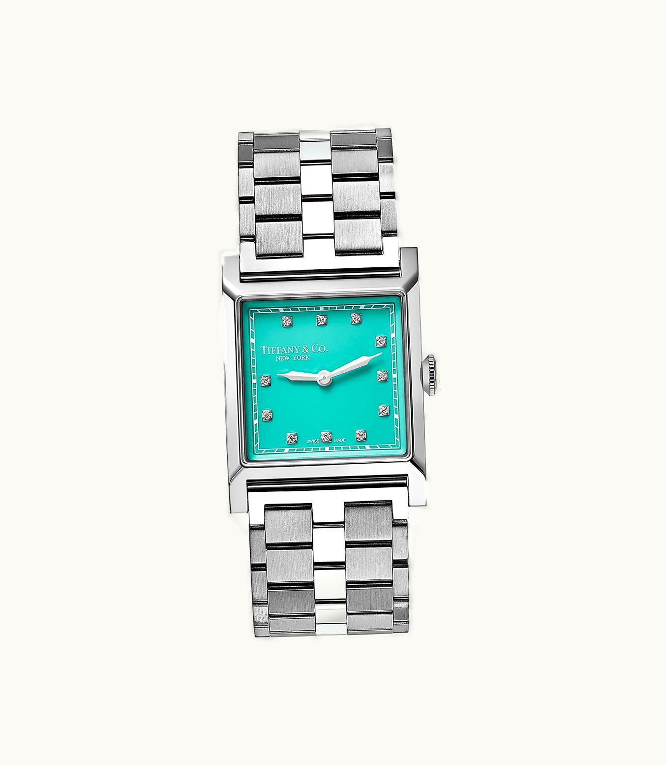 Tiffany & Co Union Square 27 Mm Watch In Steel With Diamonds & A Tiffany Blue® Dial