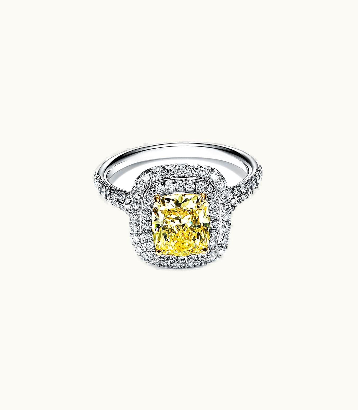 Tiffany & Co Tiffany Soleste Cushion-Cut Yellow Diamond Halo Engagement Ring In Platinum