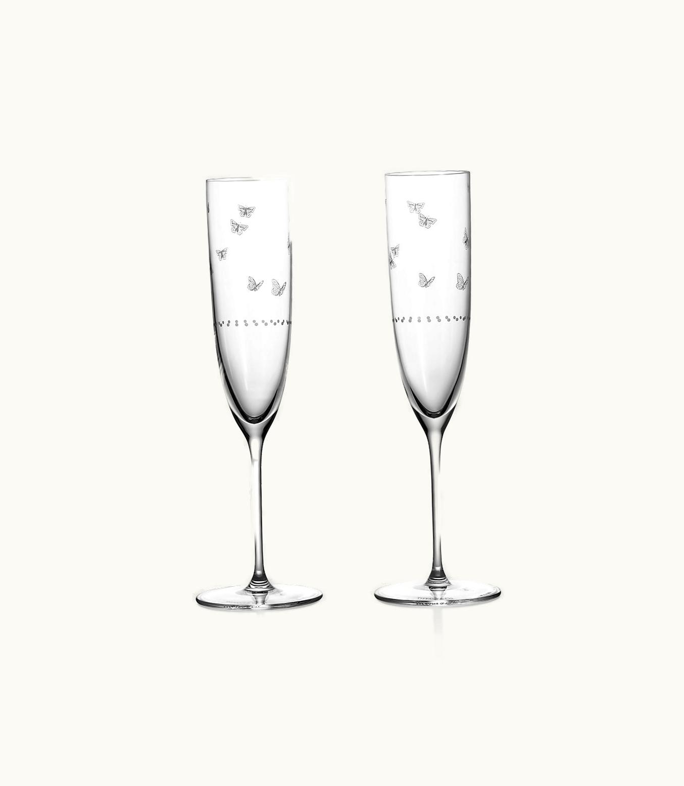 Tiffany & Co Tiffany Jardin Champagne Glasses In Etched Glass, Set Of Two