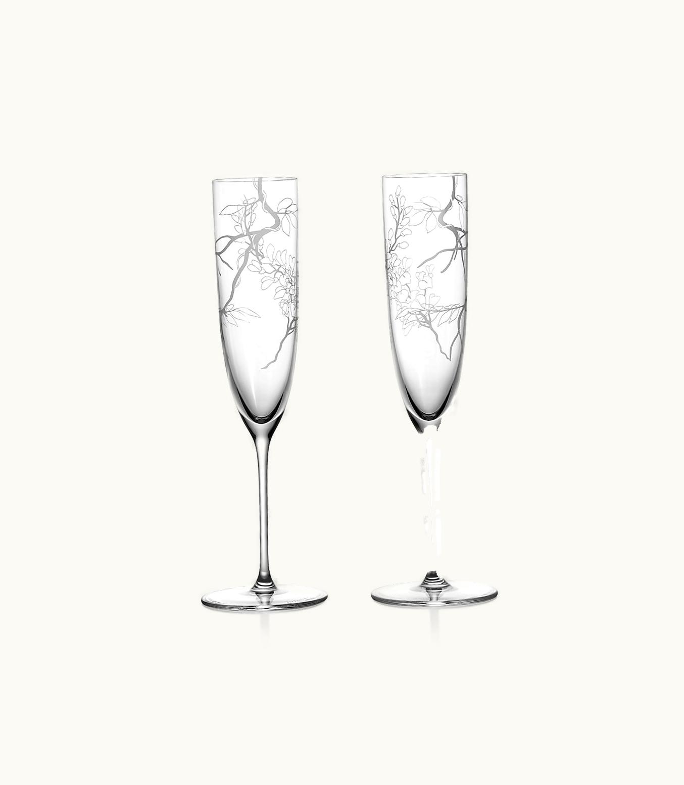 Tiffany & Co Tiffany Wisteria Champagne Glasses In Etched Glass, Set Of Two