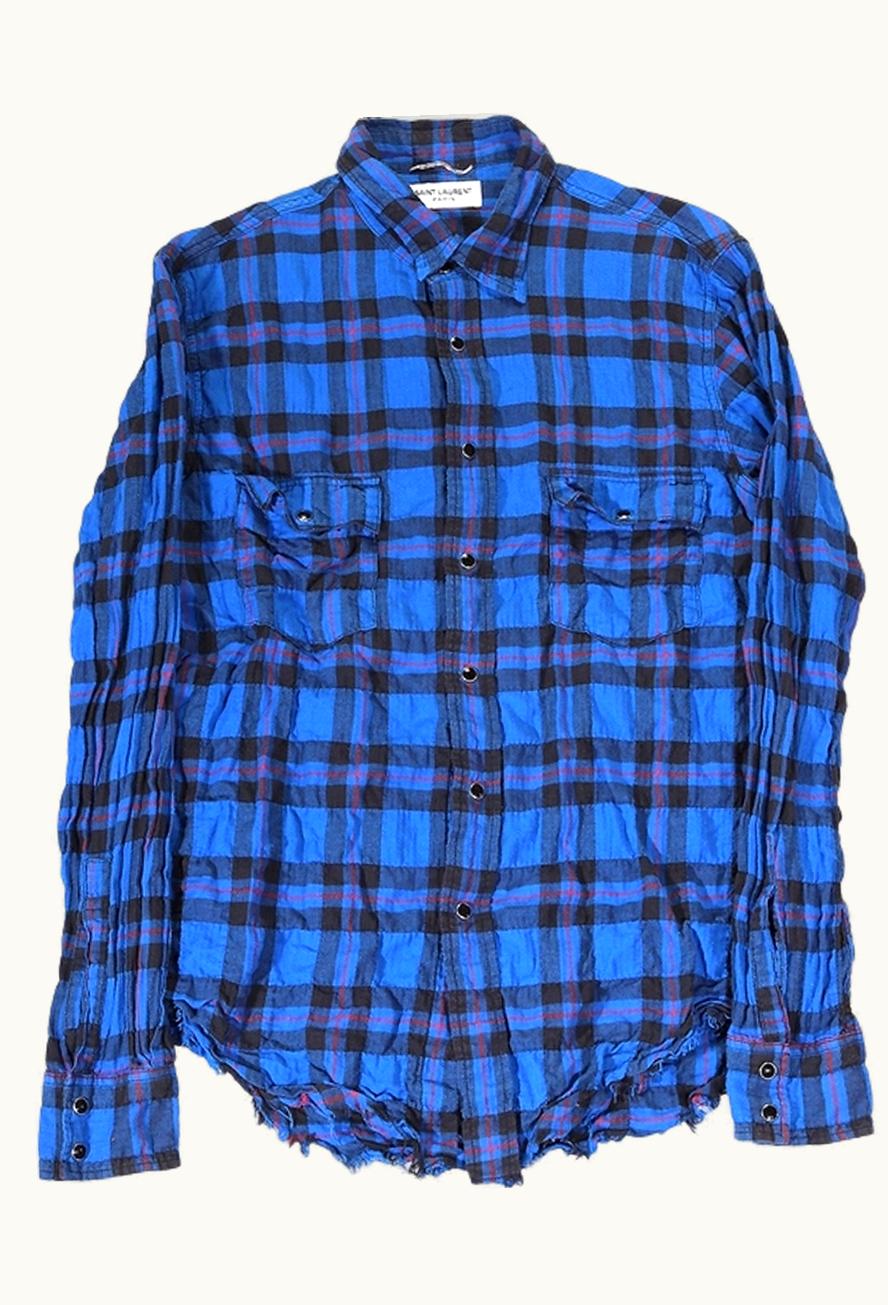 Saint Laurent Saint Laurent Surf Sound Blue Raw Hem Flannel Shirt S/S 2016
