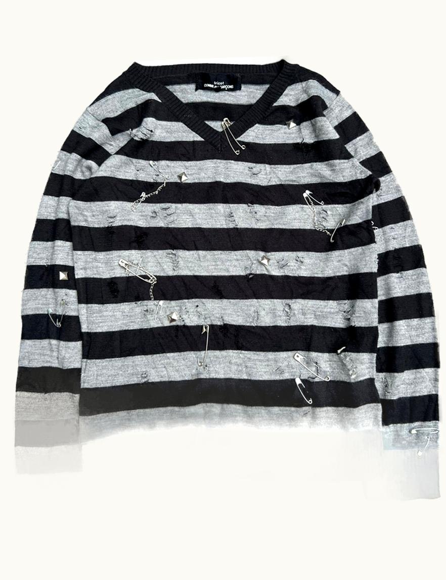Comme Des Garçons Homme Comme Des Garçons Homme Safety Pins Studs Distressed Stripe Tricot Jumper S/S 2001