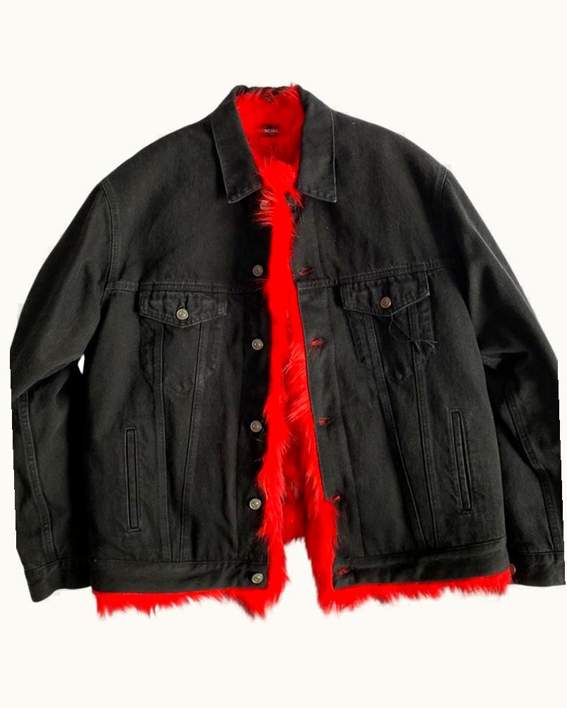 Balenciaga Balenciaga Red Faux Fur Black Denim Jacket A/W 2018