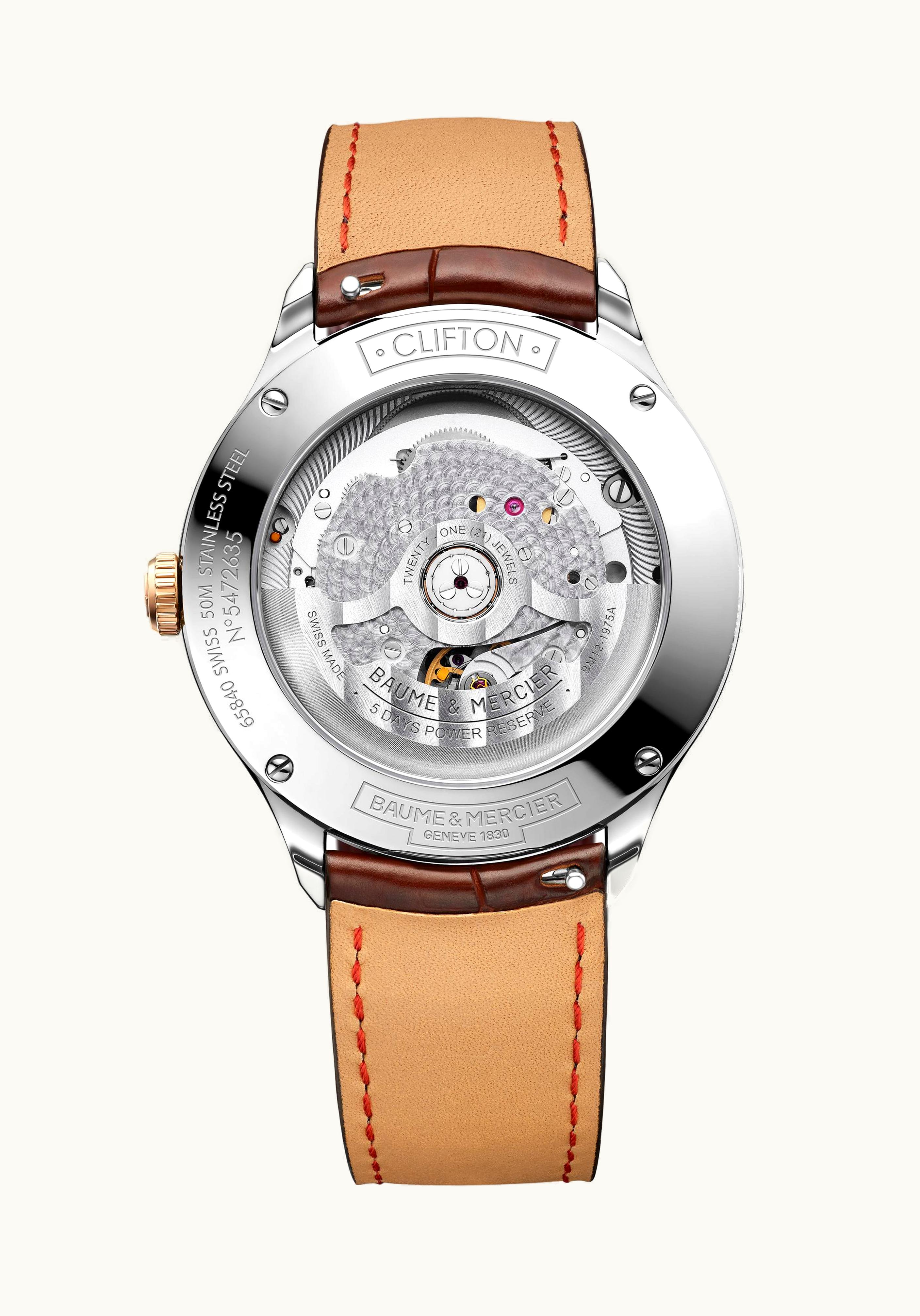 Baume & Mercier Clifton Baumatic Stainless Steel / Yellow Gold / White / Alligator