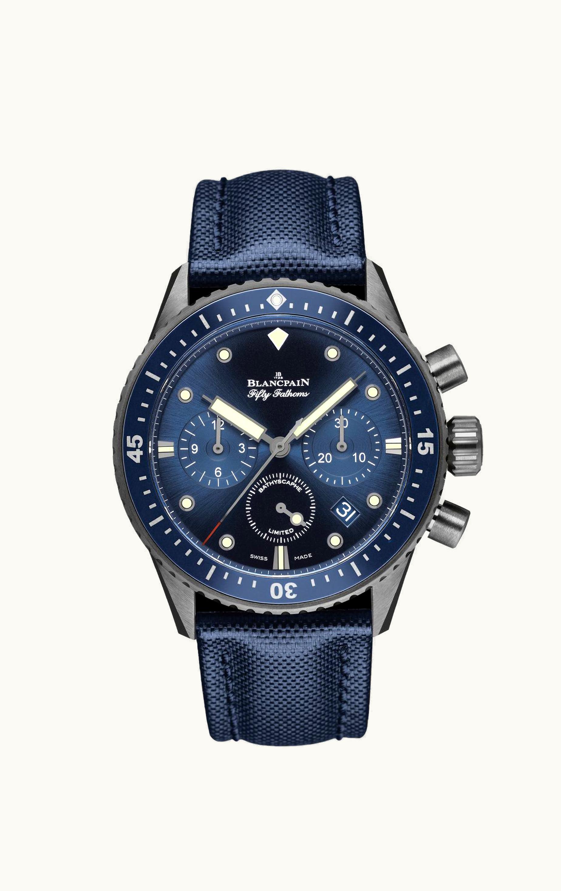 Blancpain Fifty Fathoms Bathyscaphe Flyback Chronograph Grey Ceramic / Blue / Blue Nato