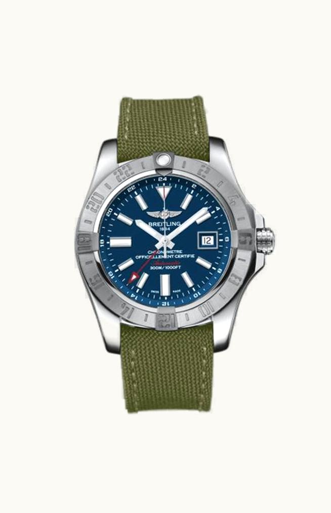 Breitling Avenger II GMT Stainless Steel / Mariner Blue / Military / Pin