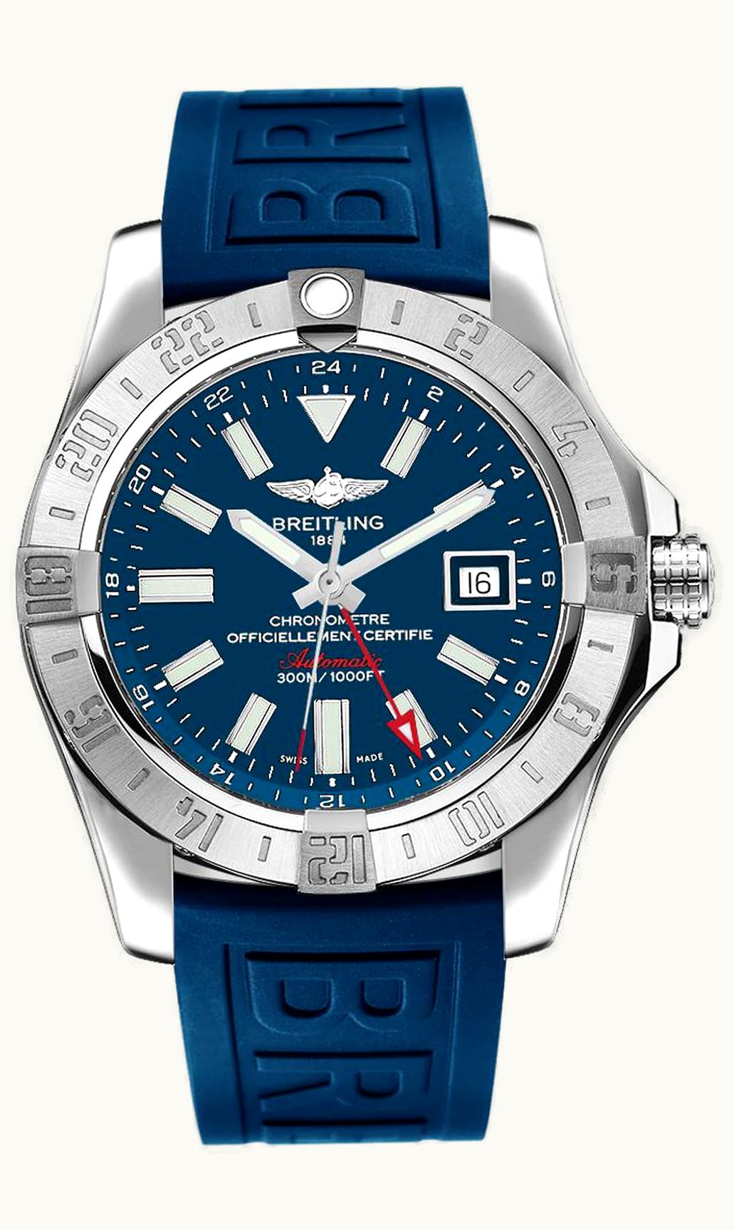 Breitling Avenger II GMT Stainless Steel / Mariner Blue / Rubber / Pin