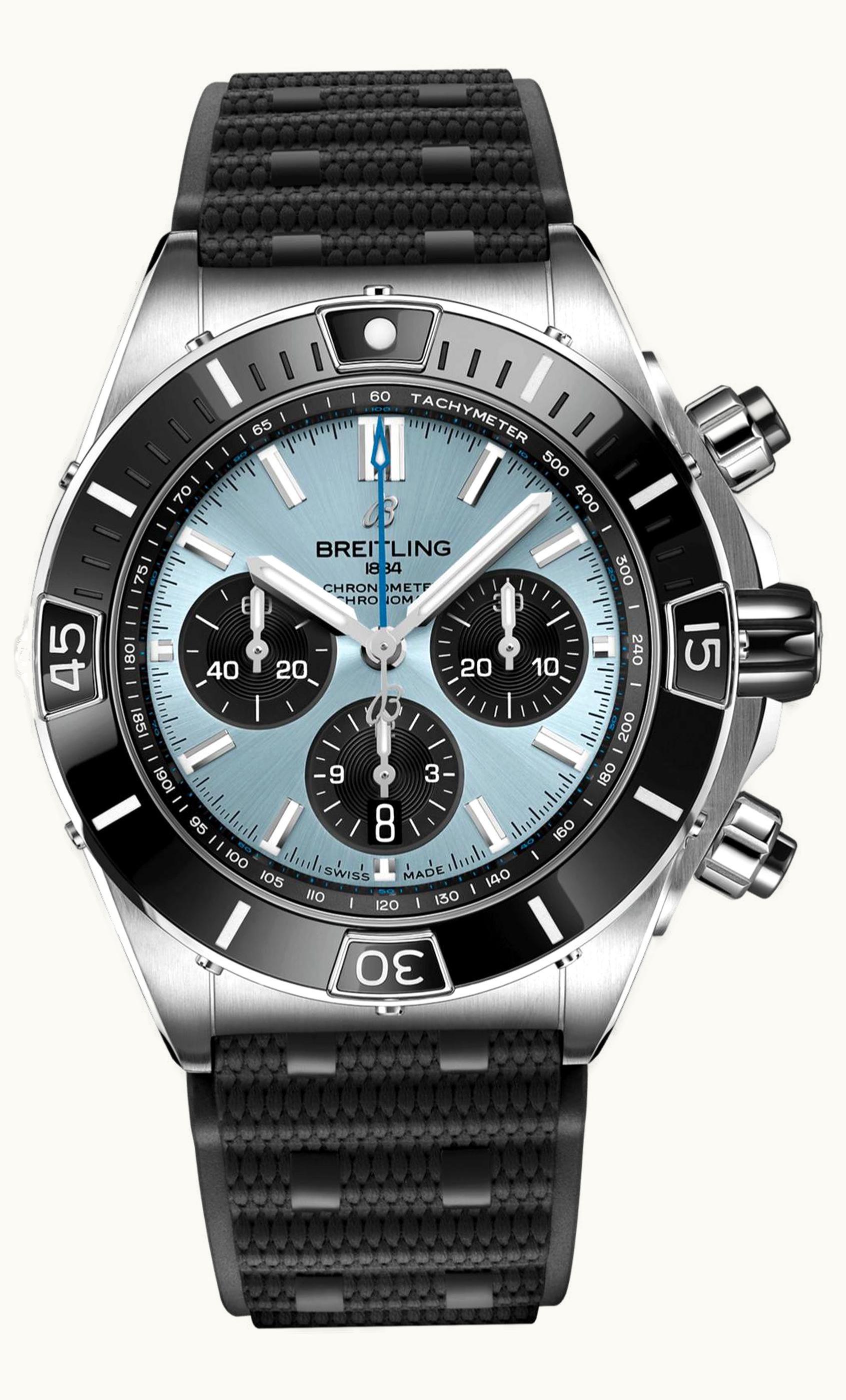 Breitling Chronomat B01 44 Stainless Steel - Platinum / Ice Blue / Rubber Rouleaux