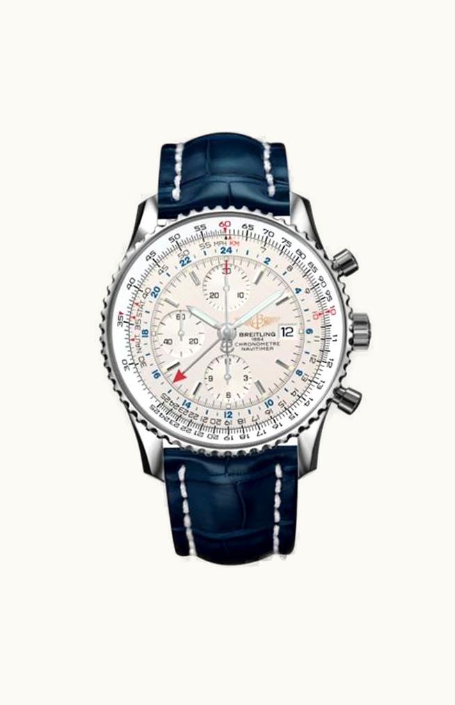 Breitling Navitimer World Stainless Steel / Silver / Croco / Pin