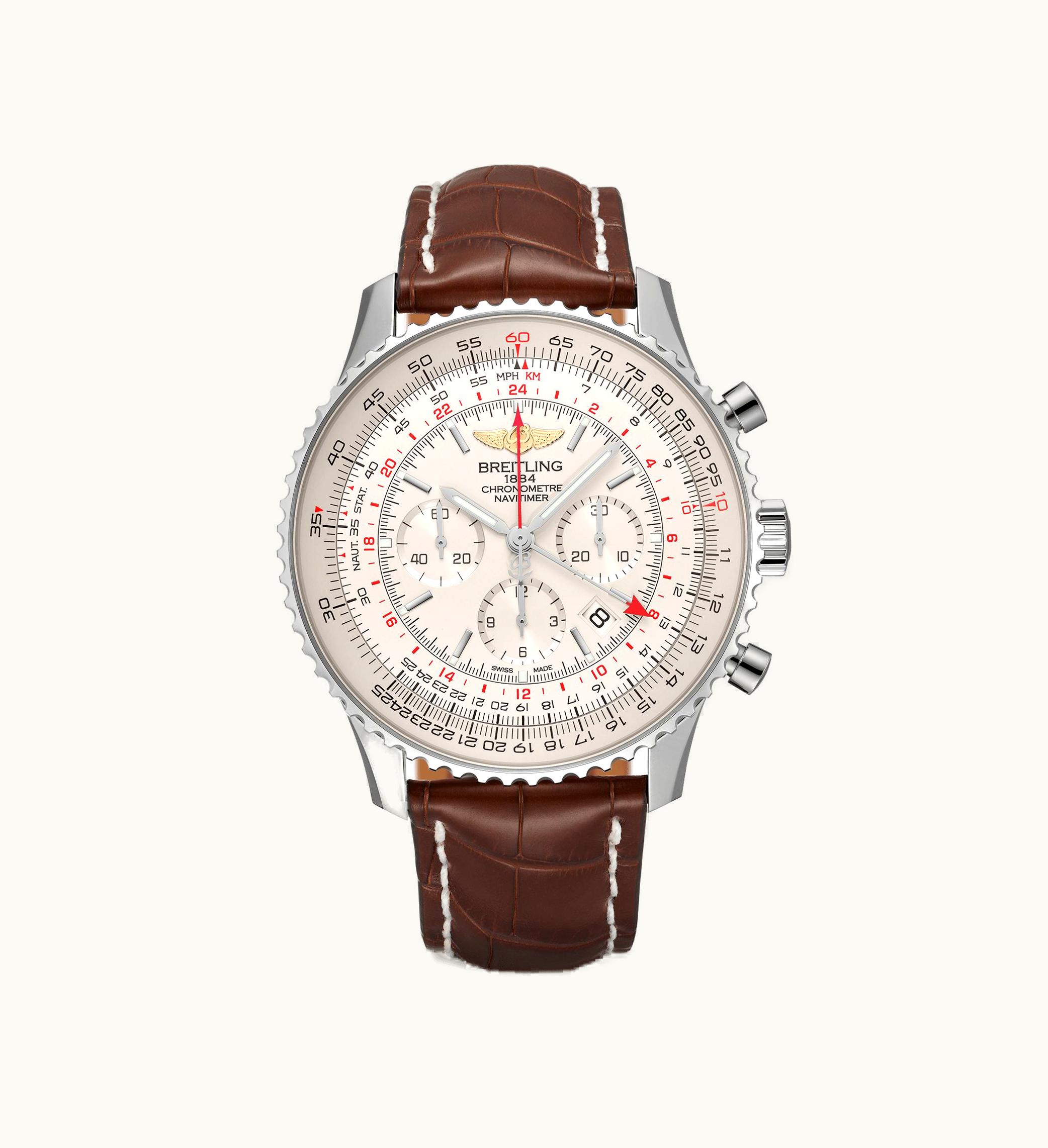 Breitling Navitimer GMT Stainless Steel / Silver / Croco / Pin