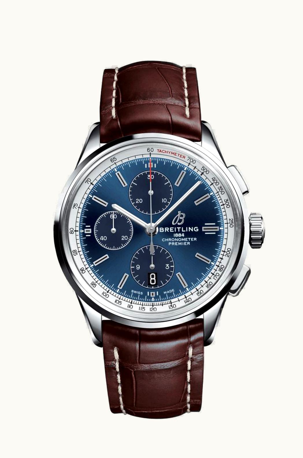 Breitling Premier Chronograph 42 Stainless Steel / Blue / Croco Brown / Folding