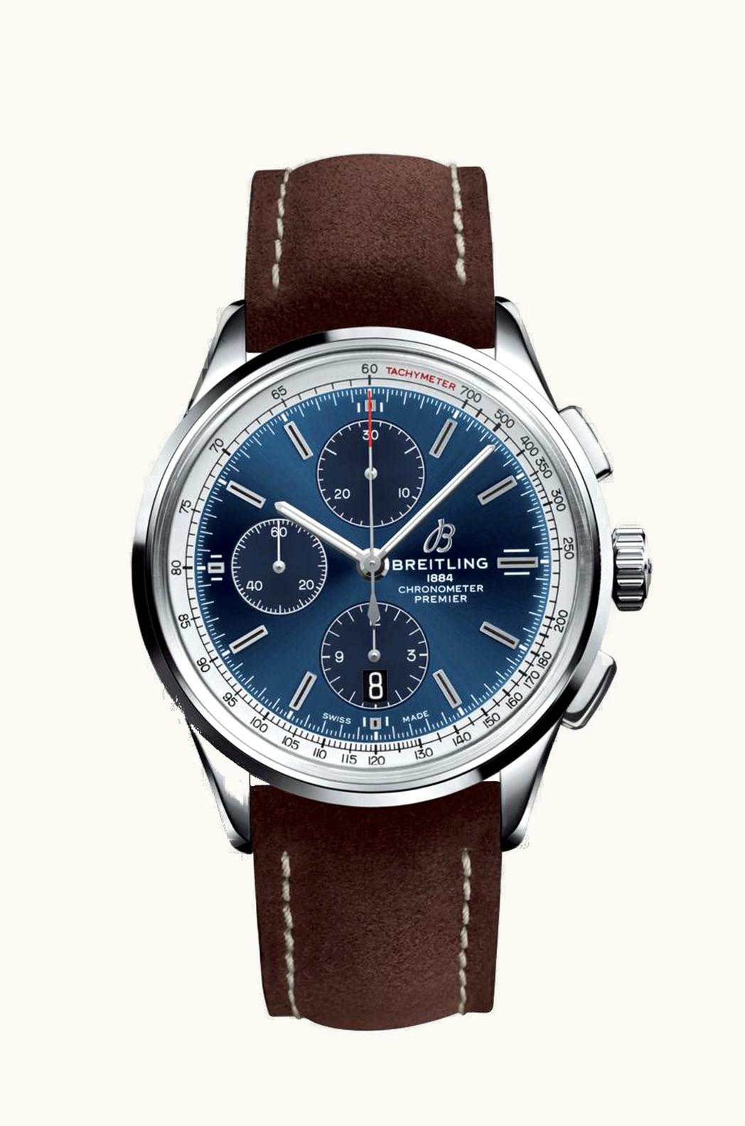 Breitling Premier Chronograph 42 Stainless Steel / Blue / Nubuck Brown / Folding