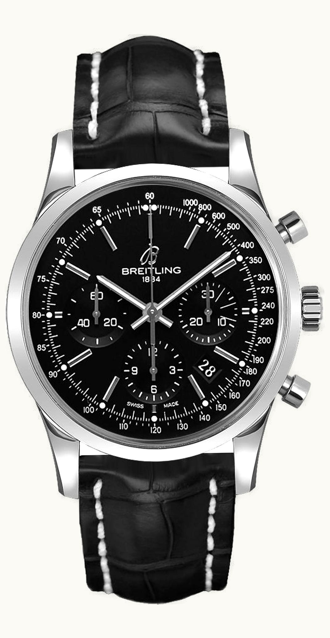 Breitling Transocean Chronograph Stainless Steel / Black / Calf / Pin
