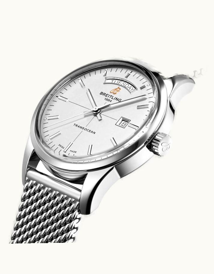 Breitling Transocean Day & Date Stainless Steel / Silver / Milanese