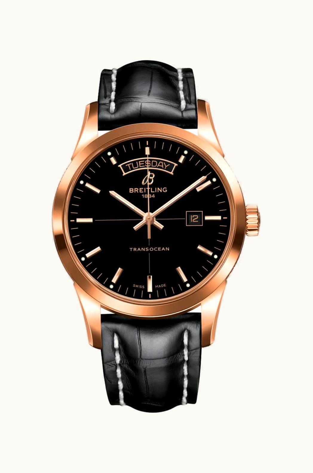 Breitling Transocean Day & Date Red Gold / Black / Croco / Folding