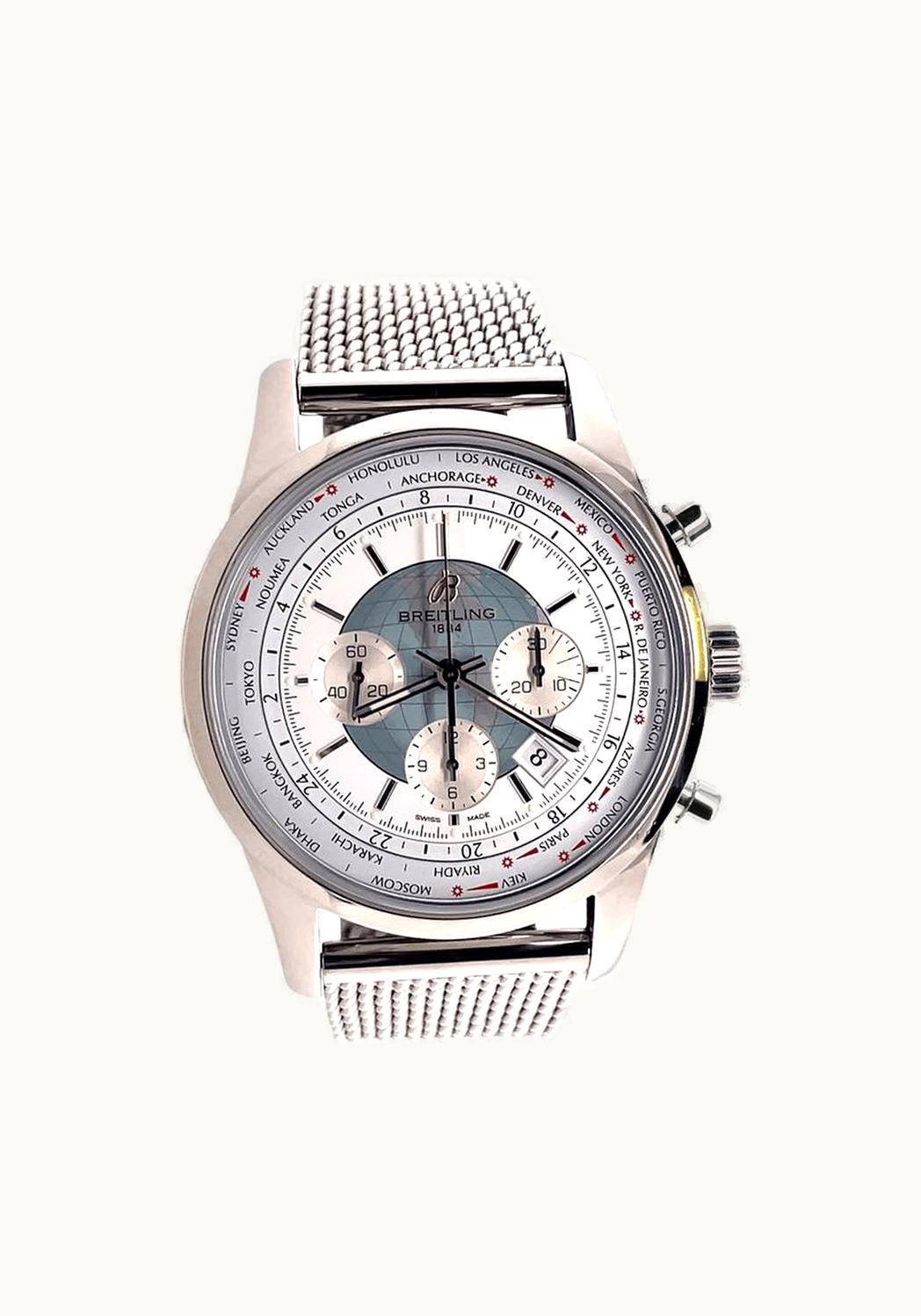 Breitling Transocean Chronograph Unitime Stainless Steel / Silver / Milanese