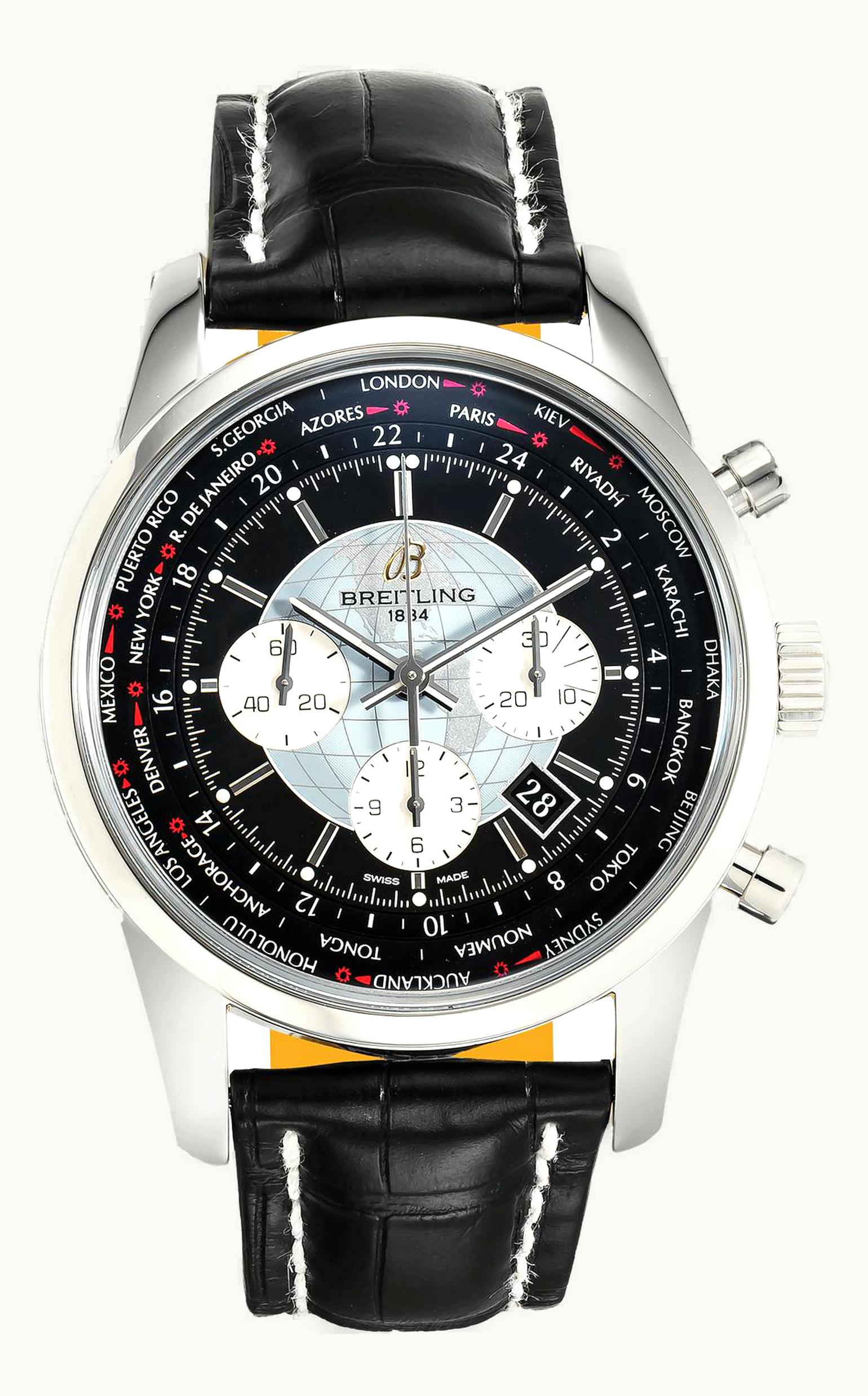 Breitling Transocean Chronograph Unitime Stainless Steel / Black / Croco