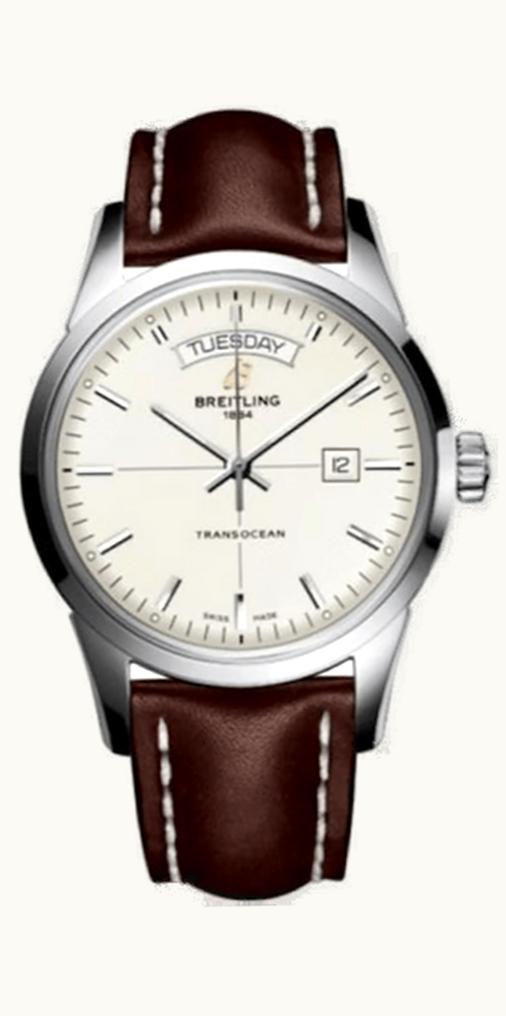 Breitling Transocean Day & Date Stainless Steel / Silver / Calf / Pin