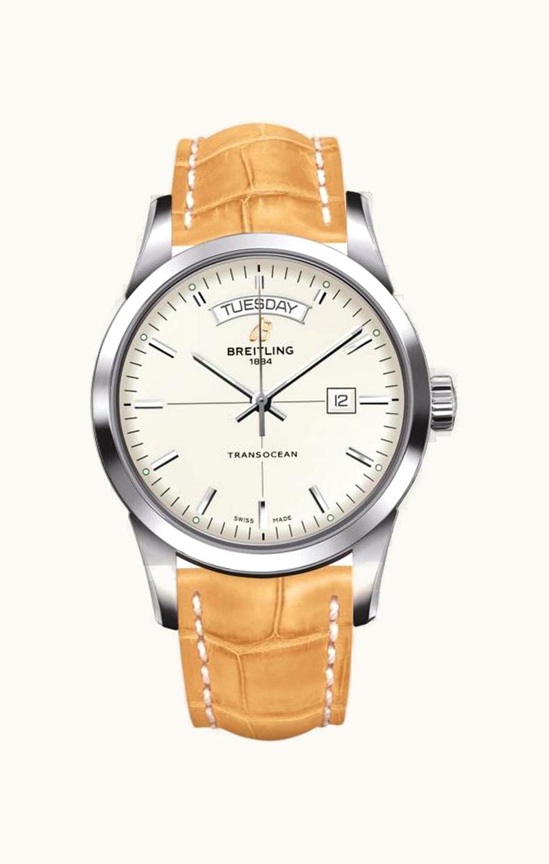 Breitling Transocean Day & Date Stainless Steel / Silver / Croco / Pin