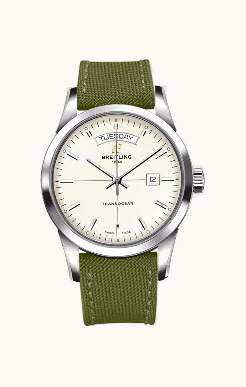 Breitling Transocean Day & Date Stainless Steel / Silver / Military / Pin