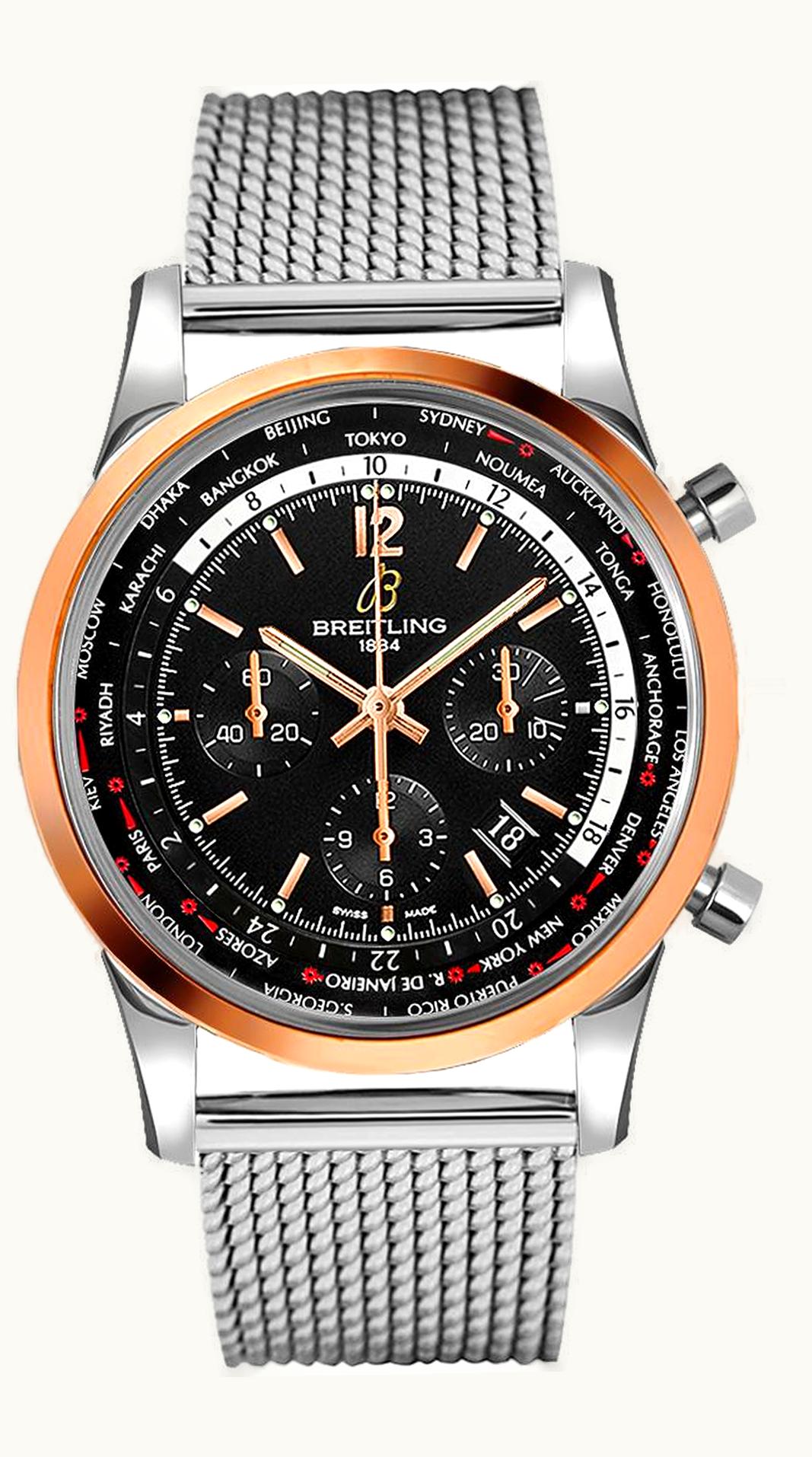 Breitling Transocean Chronograph Unitime Stainless Steel / Silver / Milanese