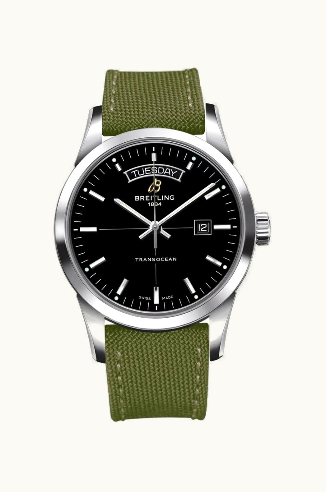 Breitling Transocean Day & Date Stainless Steel / Black / Military / Pin