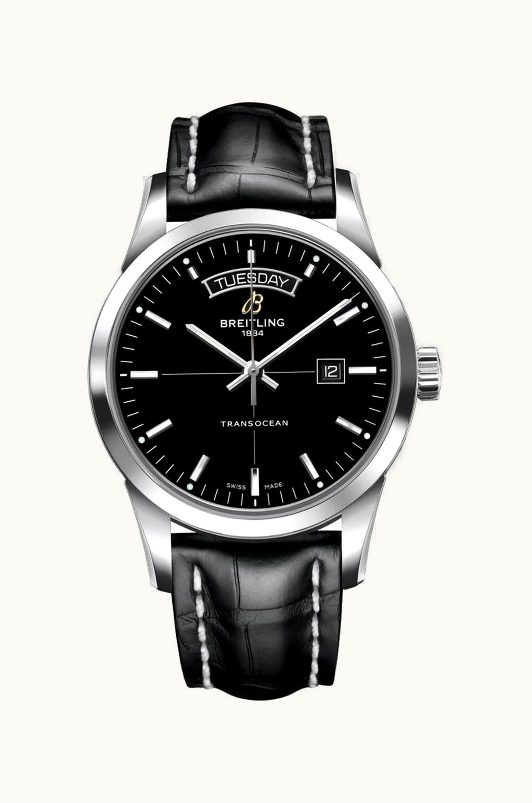 Breitling Transocean Day & Date Stainless Steel / Black / Croco / Pin