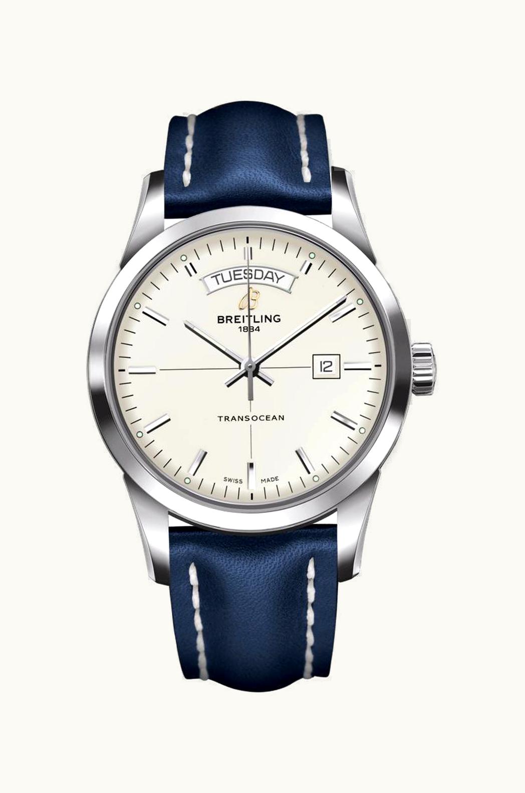 Breitling Transocean Day & Date Stainless Steel / Silver / Calf / Pin