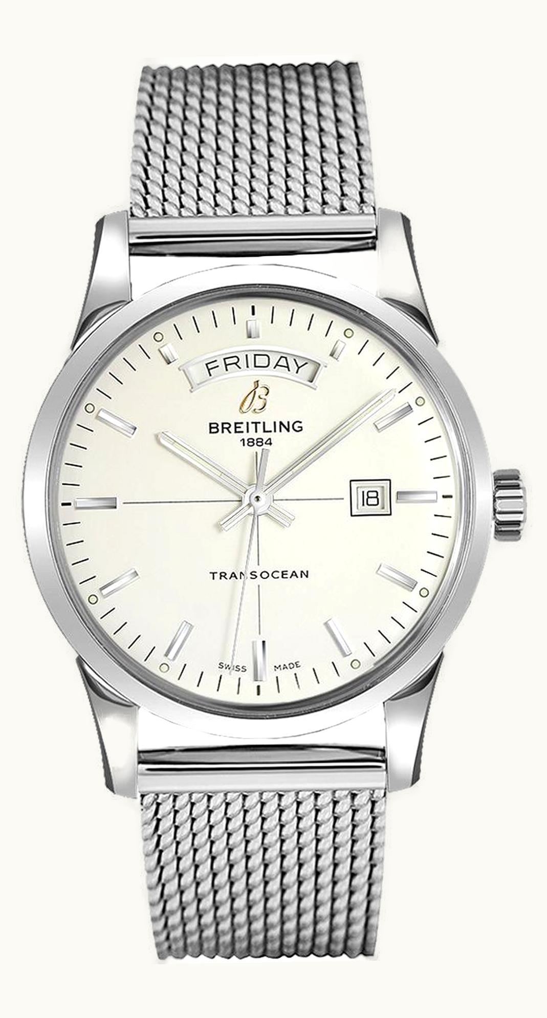 Breitling Transocean Day & Date Stainless Steel / Silver / Military / Pin