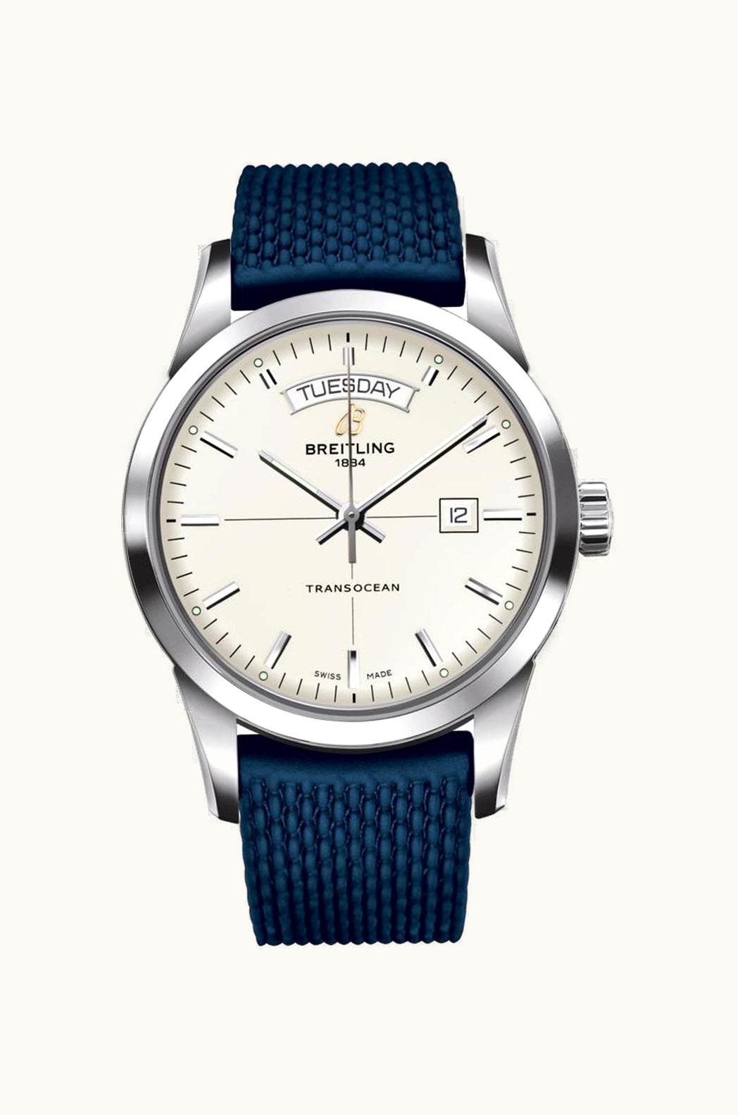 Breitling Transocean Day & Date Stainless Steel / Silver / Rubber / Pin