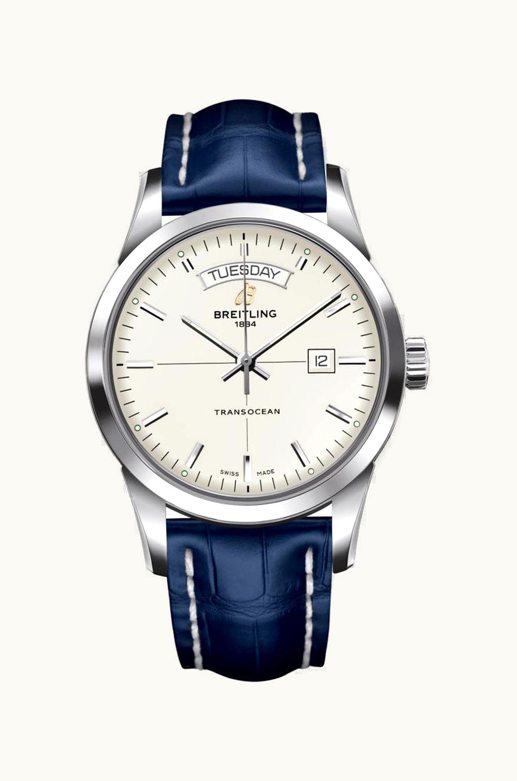 Breitling Transocean Day & Date Stainless Steel / Silver / Croco / Pin