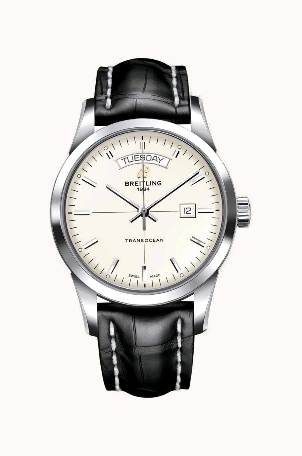 Breitling Transocean Day & Date Stainless Steel / Silver / Croco / Pin